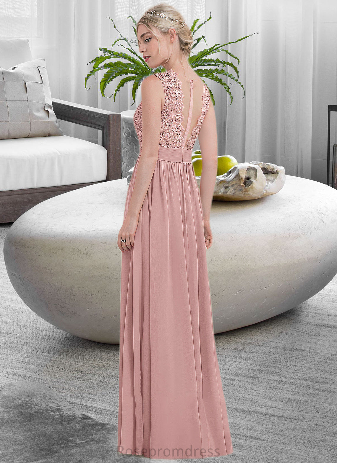 Aniyah A-Line Scoop Neck Floor-Length Chiffon Lace Bridesmaid Dress With Ruffle SRSP0013171