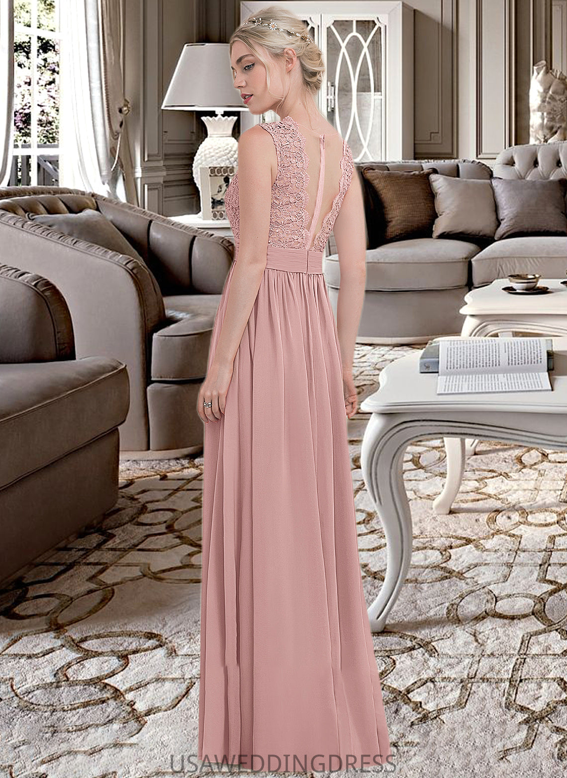 Angel A-Line Scoop Neck Floor-Length Chiffon Lace Bridesmaid Dress With Ruffle DSP0013171