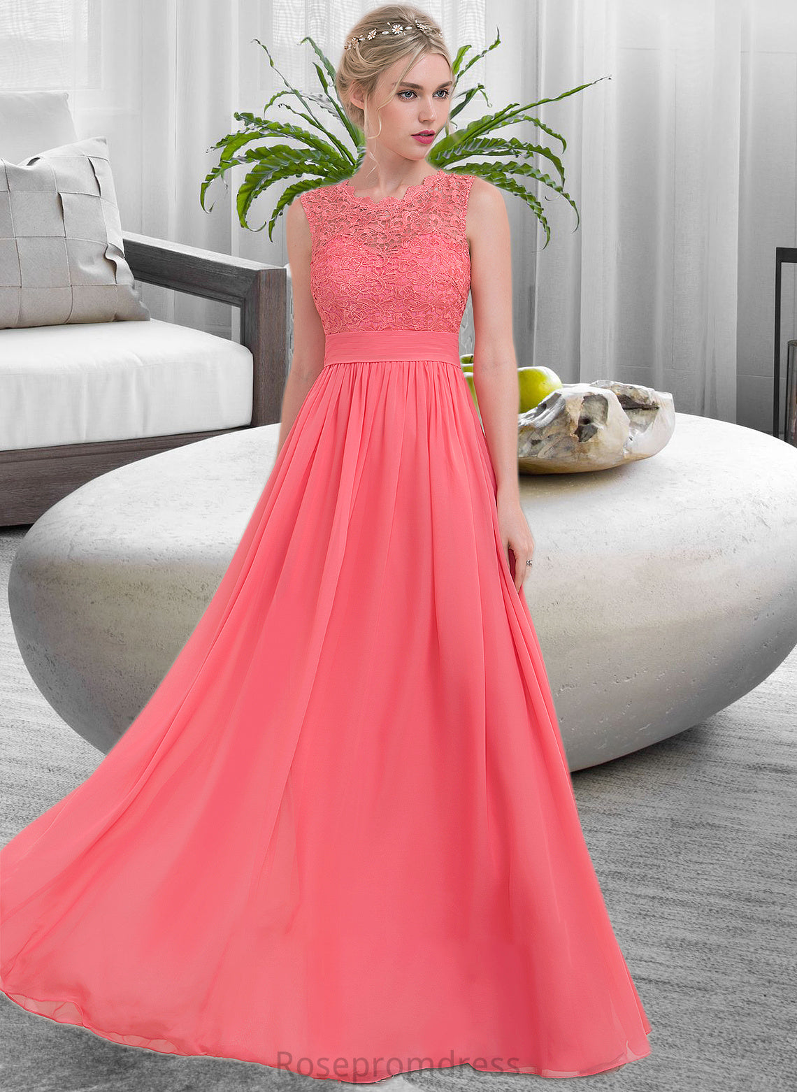 Aniyah A-Line Scoop Neck Floor-Length Chiffon Lace Bridesmaid Dress With Ruffle SRSP0013171