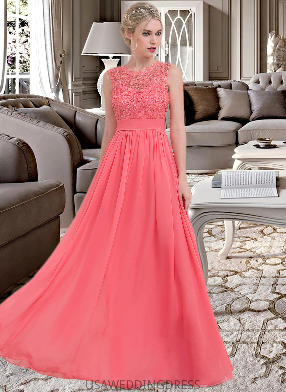 Angel A-Line Scoop Neck Floor-Length Chiffon Lace Bridesmaid Dress With Ruffle DSP0013171