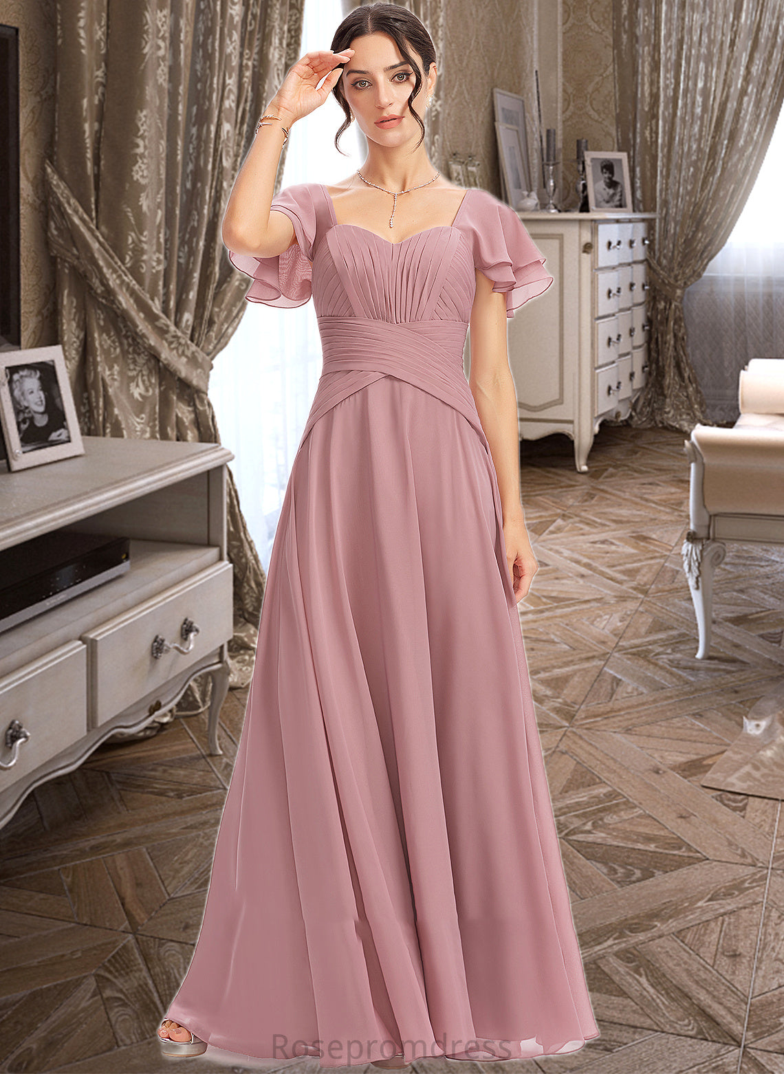 Coral A-Line Square Neckline Floor-Length Bridesmaid Dress With Ruffle Cascading Ruffles SRSP0013172