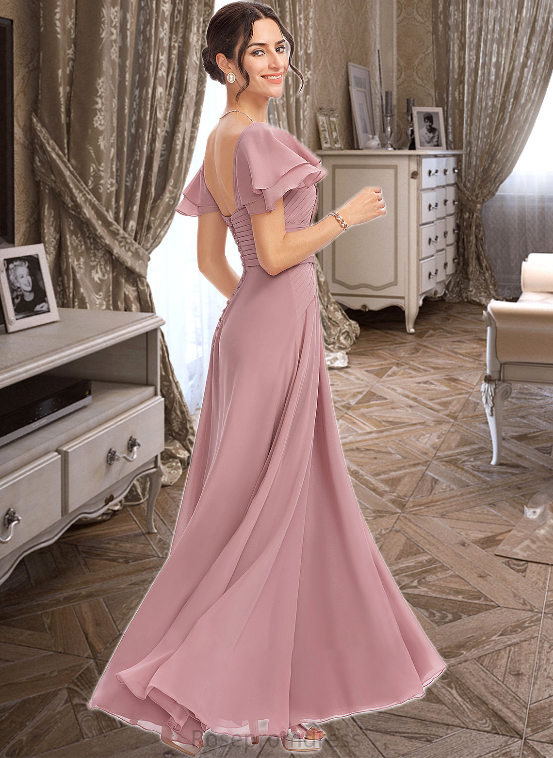 Coral A-Line Square Neckline Floor-Length Bridesmaid Dress With Ruffle Cascading Ruffles SRSP0013172