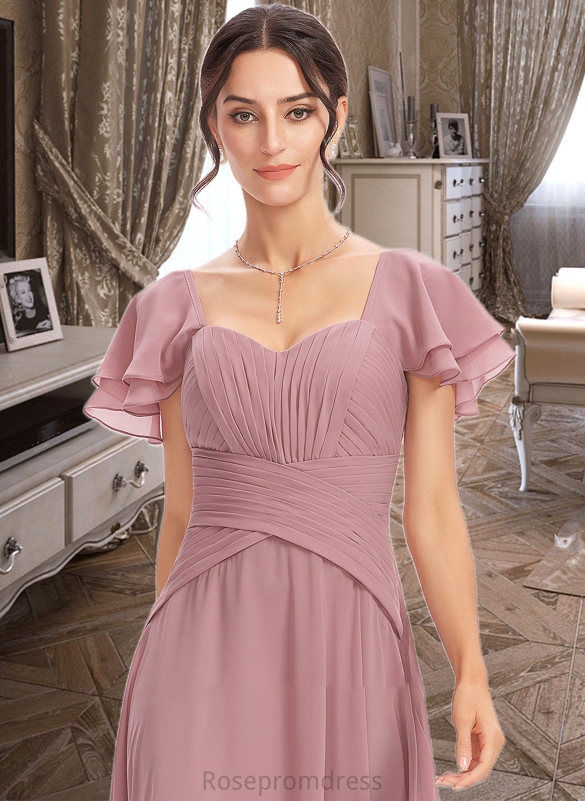 Coral A-Line Square Neckline Floor-Length Bridesmaid Dress With Ruffle Cascading Ruffles SRSP0013172