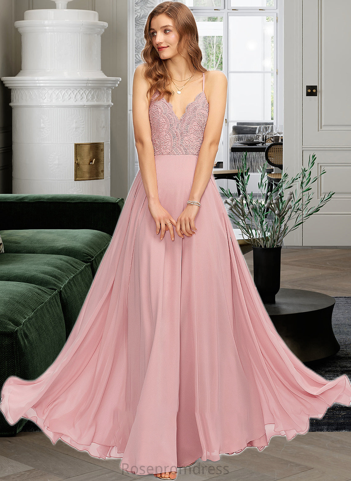 Jadyn A-Line V-neck Floor-Length Chiffon Bridesmaid Dress SRSP0013173