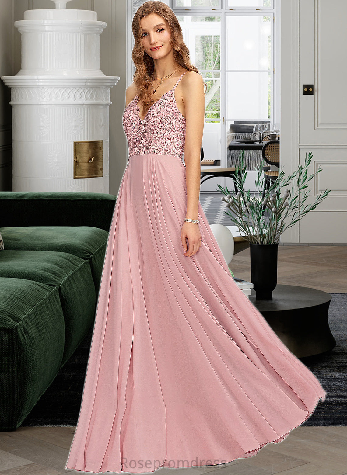 Jadyn A-Line V-neck Floor-Length Chiffon Bridesmaid Dress SRSP0013173