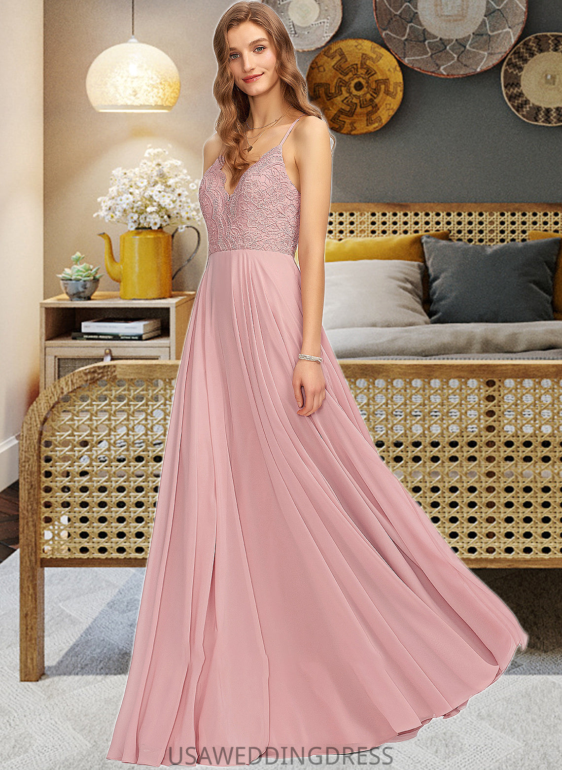 Katrina A-Line V-neck Floor-Length Chiffon Bridesmaid Dress DSP0013173