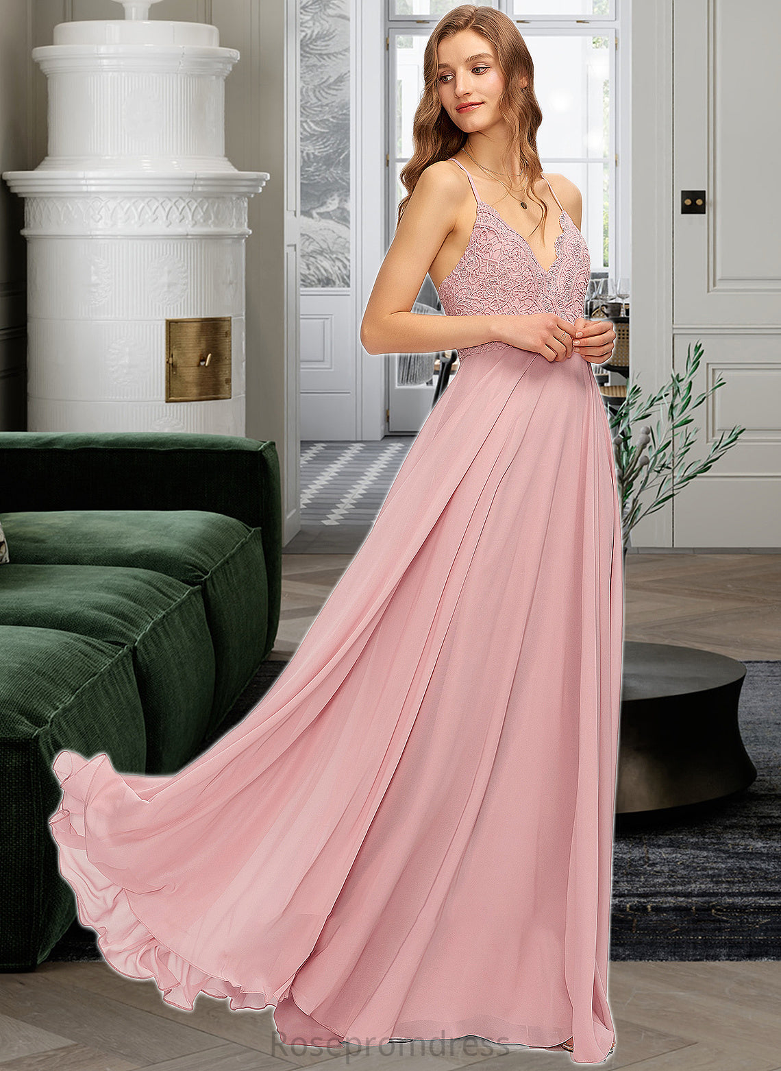 Jadyn A-Line V-neck Floor-Length Chiffon Bridesmaid Dress SRSP0013173