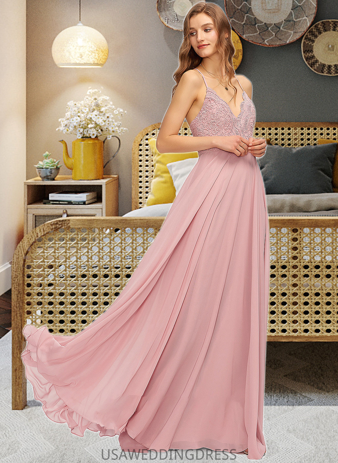 Katrina A-Line V-neck Floor-Length Chiffon Bridesmaid Dress DSP0013173