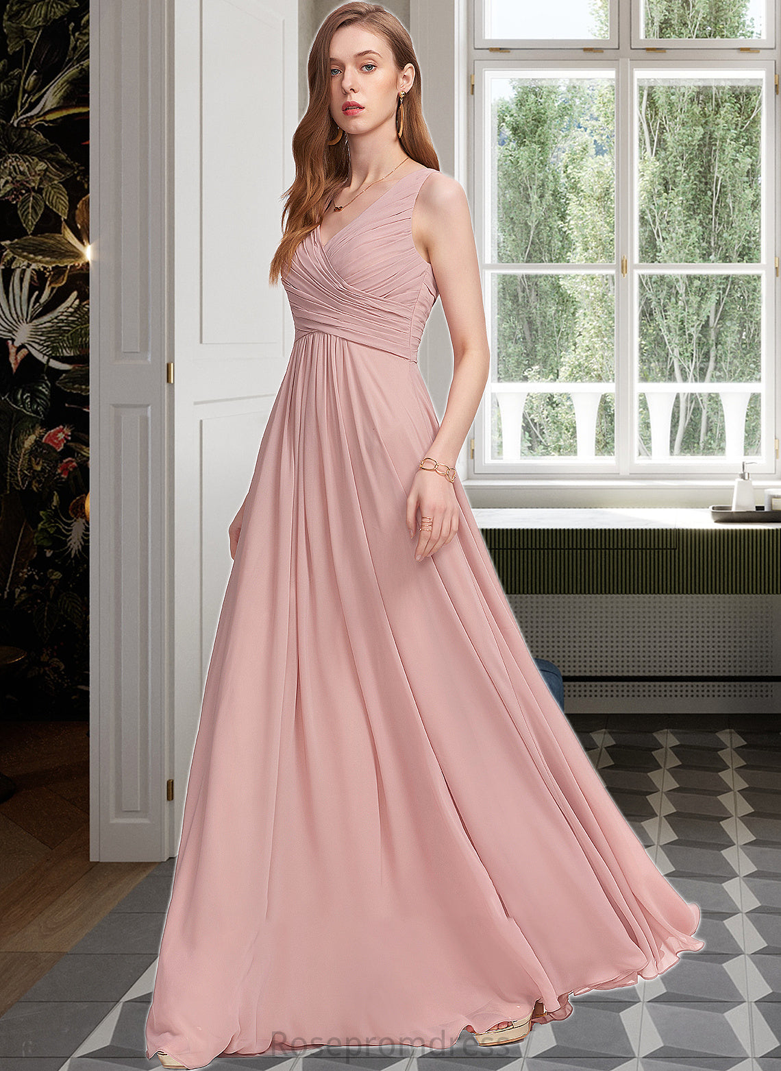 Melina A-Line V-neck Floor-Length Chiffon Bridesmaid Dress With Ruffle SRSP0013174