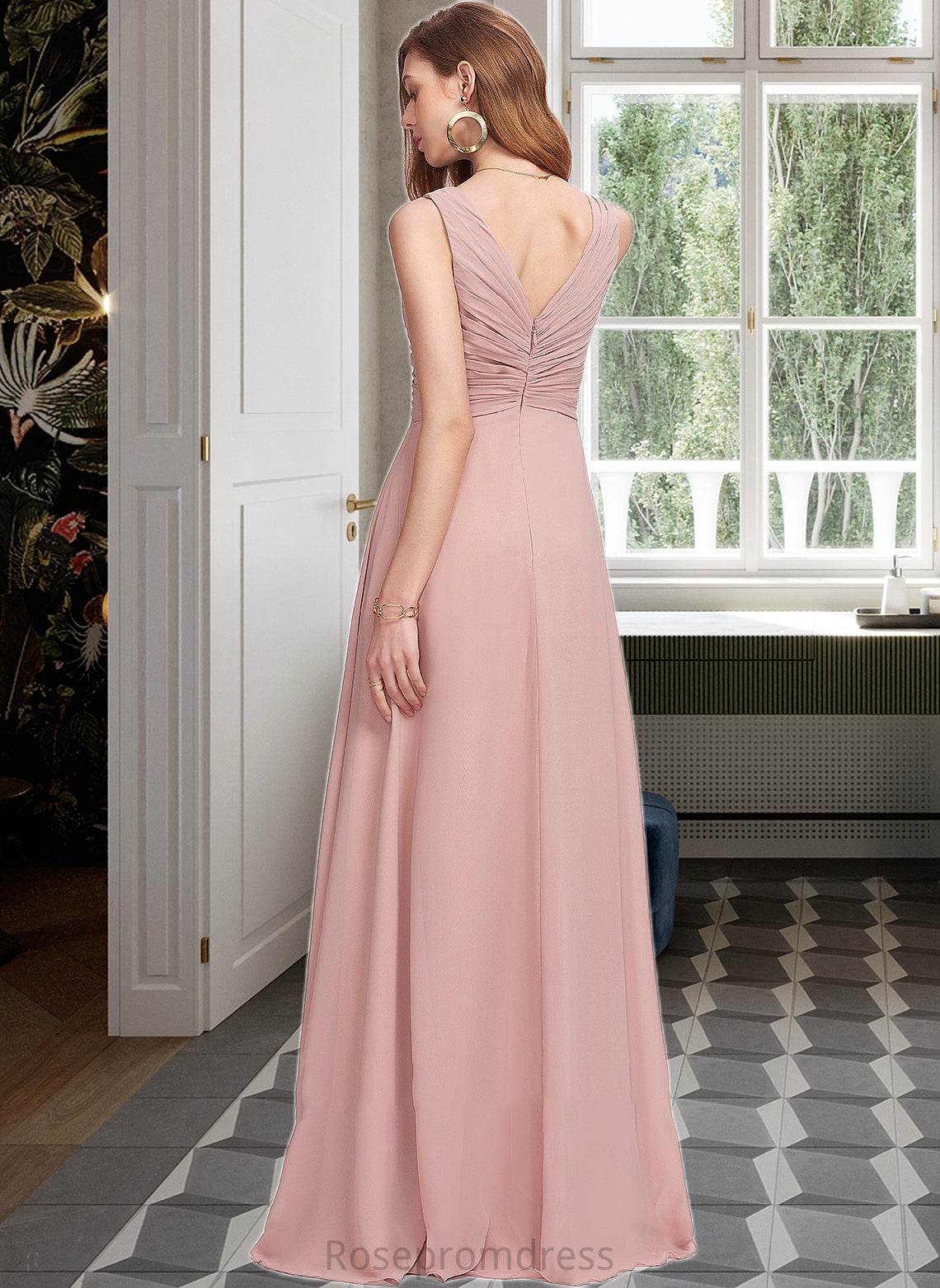 Melina A-Line V-neck Floor-Length Chiffon Bridesmaid Dress With Ruffle SRSP0013174