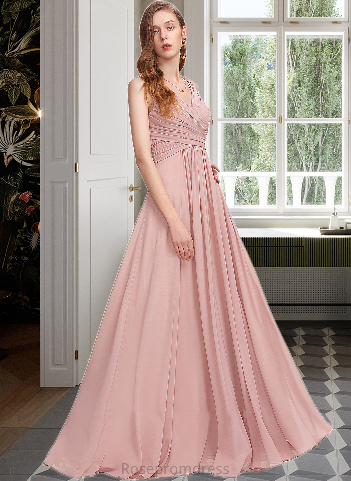 Melina A-Line V-neck Floor-Length Chiffon Bridesmaid Dress With Ruffle SRSP0013174