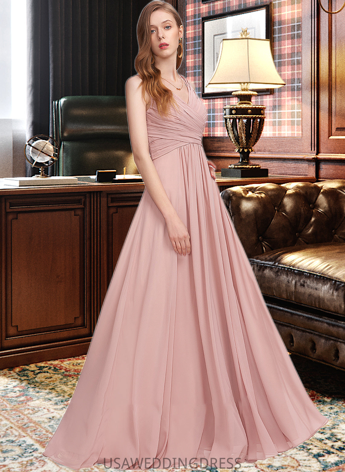 Nyasia A-Line V-neck Floor-Length Chiffon Bridesmaid Dress With Ruffle DSP0013174