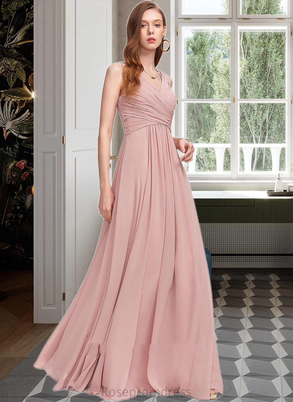 Melina A-Line V-neck Floor-Length Chiffon Bridesmaid Dress With Ruffle SRSP0013174