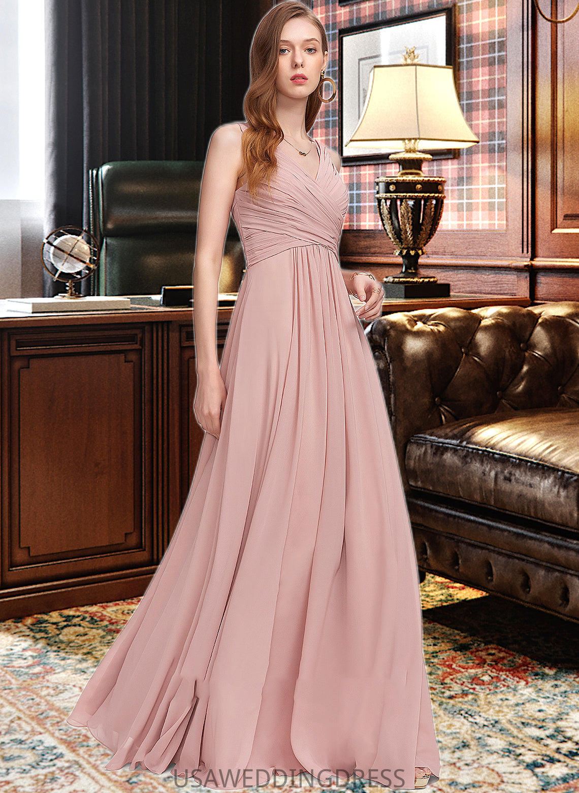 Nyasia A-Line V-neck Floor-Length Chiffon Bridesmaid Dress With Ruffle DSP0013174
