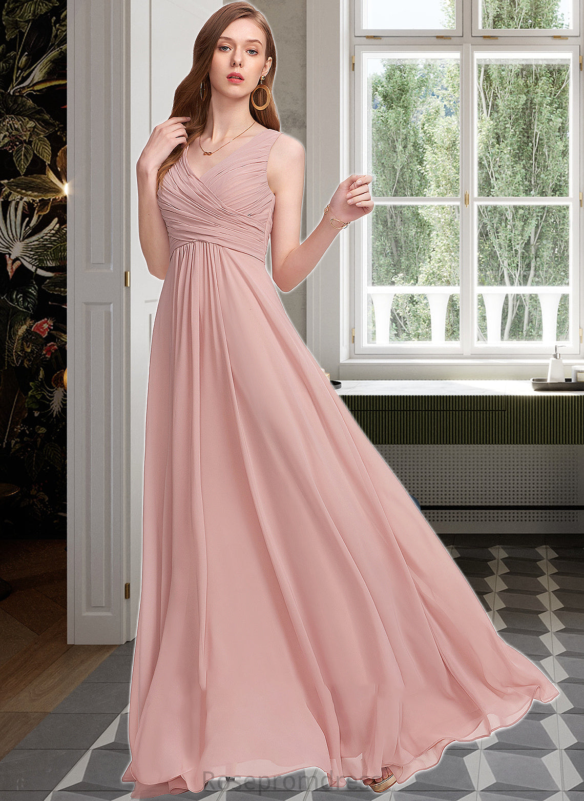 Melina A-Line V-neck Floor-Length Chiffon Bridesmaid Dress With Ruffle SRSP0013174