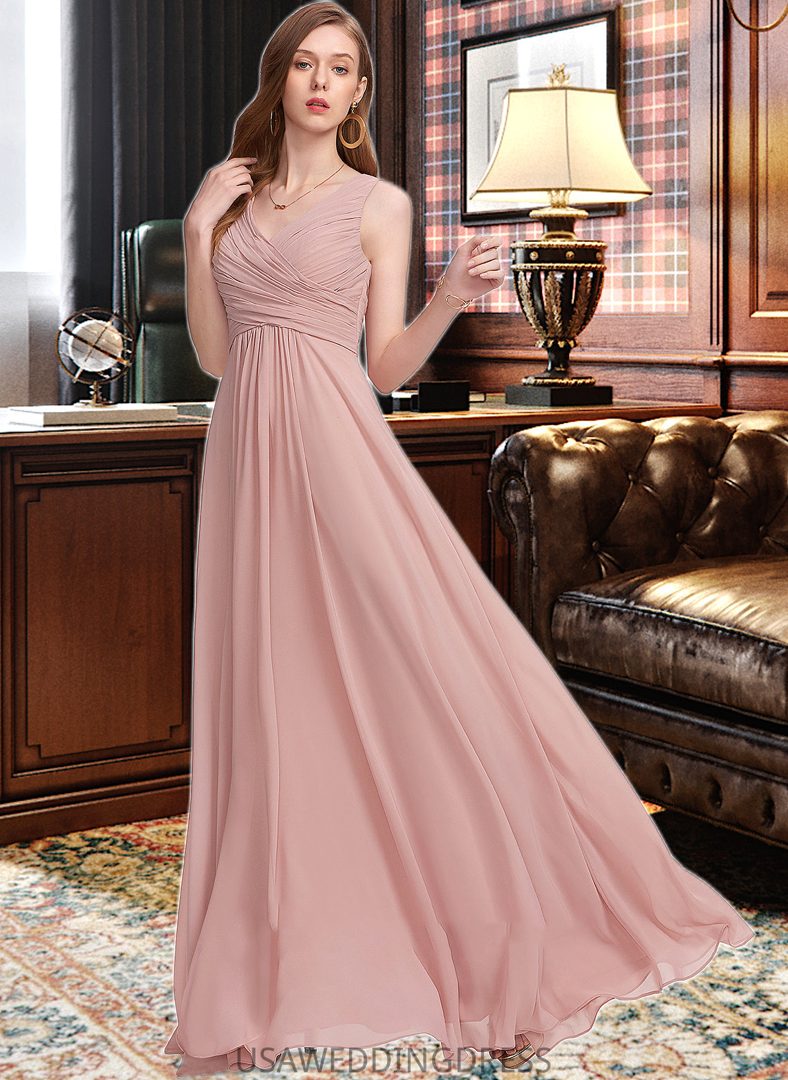 Nyasia A-Line V-neck Floor-Length Chiffon Bridesmaid Dress With Ruffle DSP0013174
