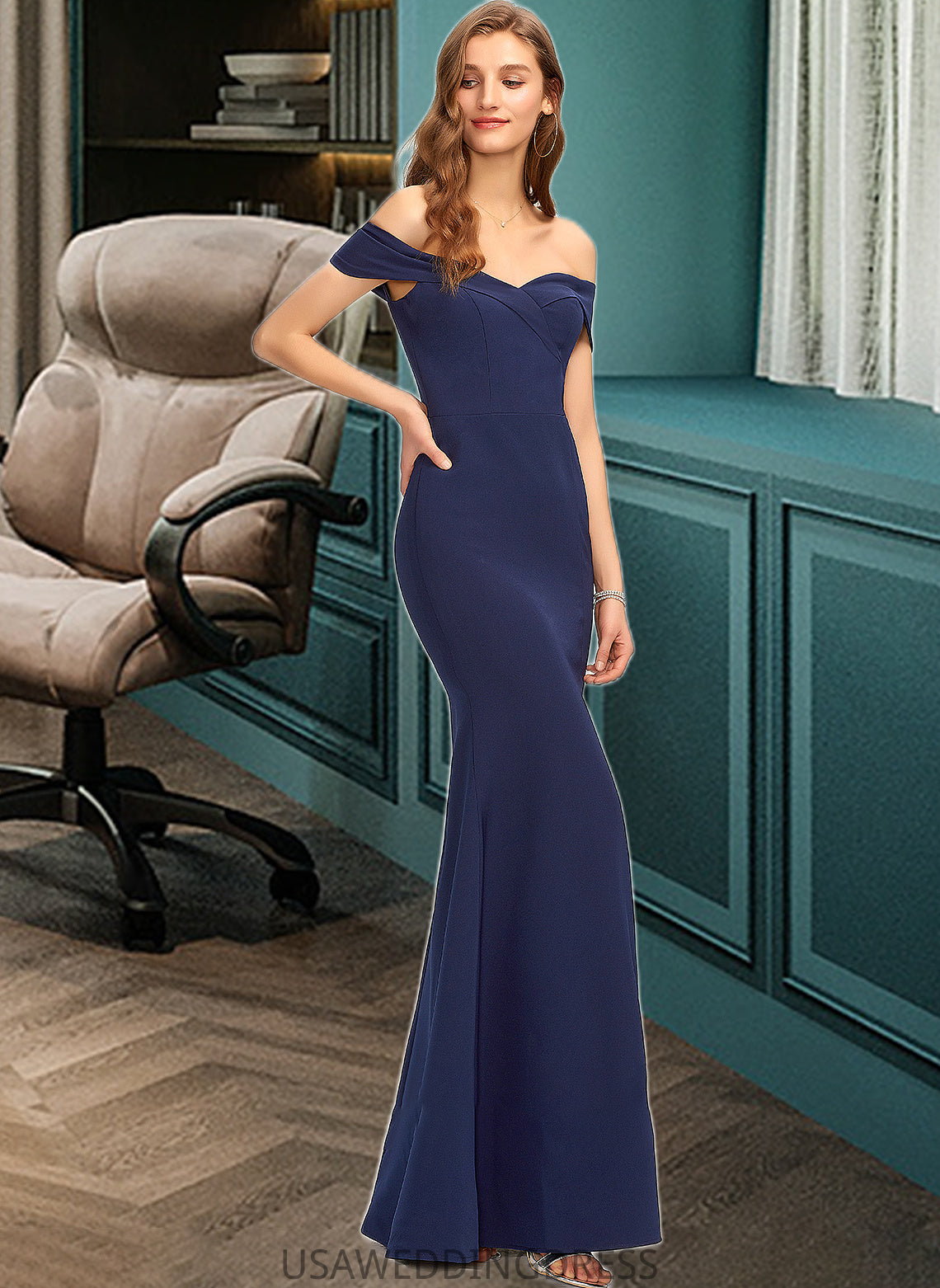 Roselyn Trumpet/Mermaid Off-the-Shoulder Floor-Length Stretch Crepe Bridesmaid Dress With Split Front DSP0013175