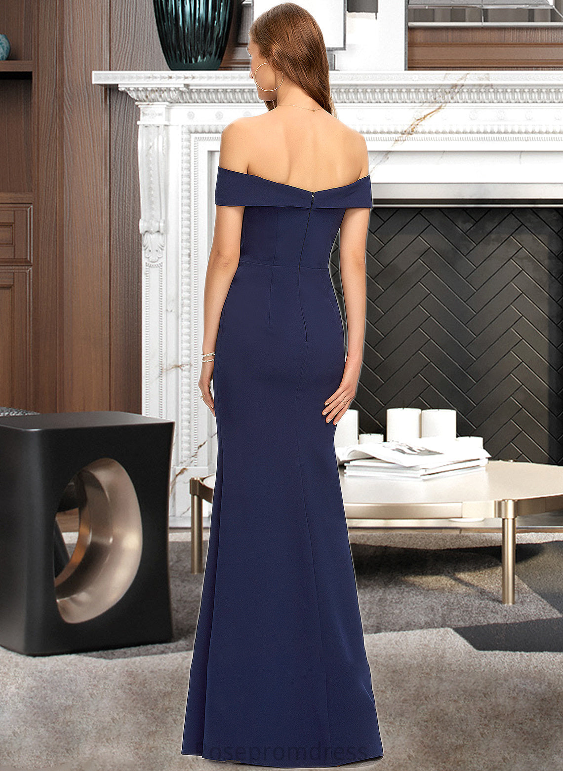 Cassandra Trumpet/Mermaid Off-the-Shoulder Floor-Length Stretch Crepe Bridesmaid Dress With Split Front SRSP0013175