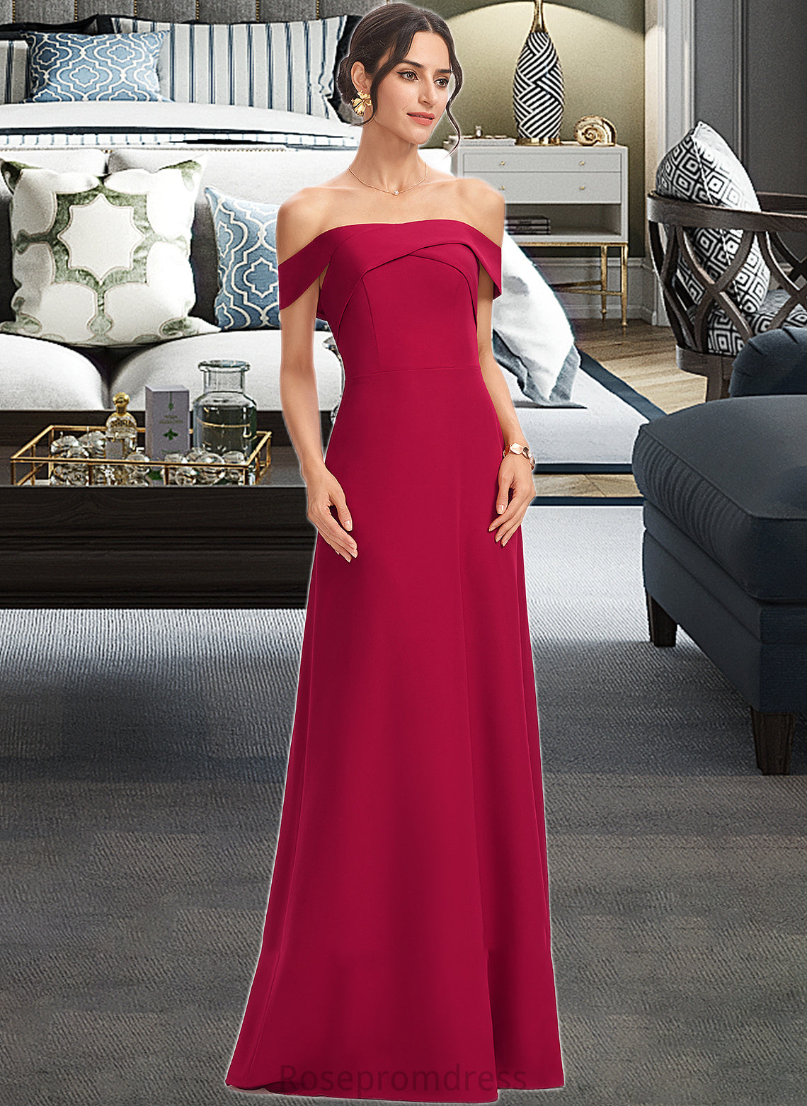 Heidi Sheath/Column Off-the-Shoulder Floor-Length Bridesmaid Dress With Ruffle SRSP0013177