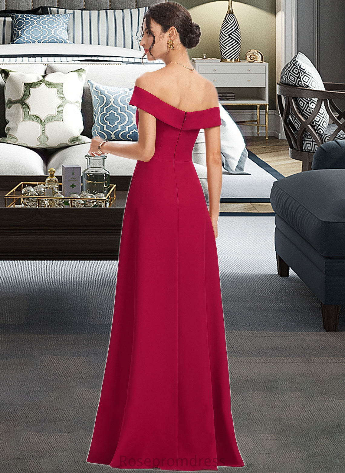 Heidi Sheath/Column Off-the-Shoulder Floor-Length Bridesmaid Dress With Ruffle SRSP0013177