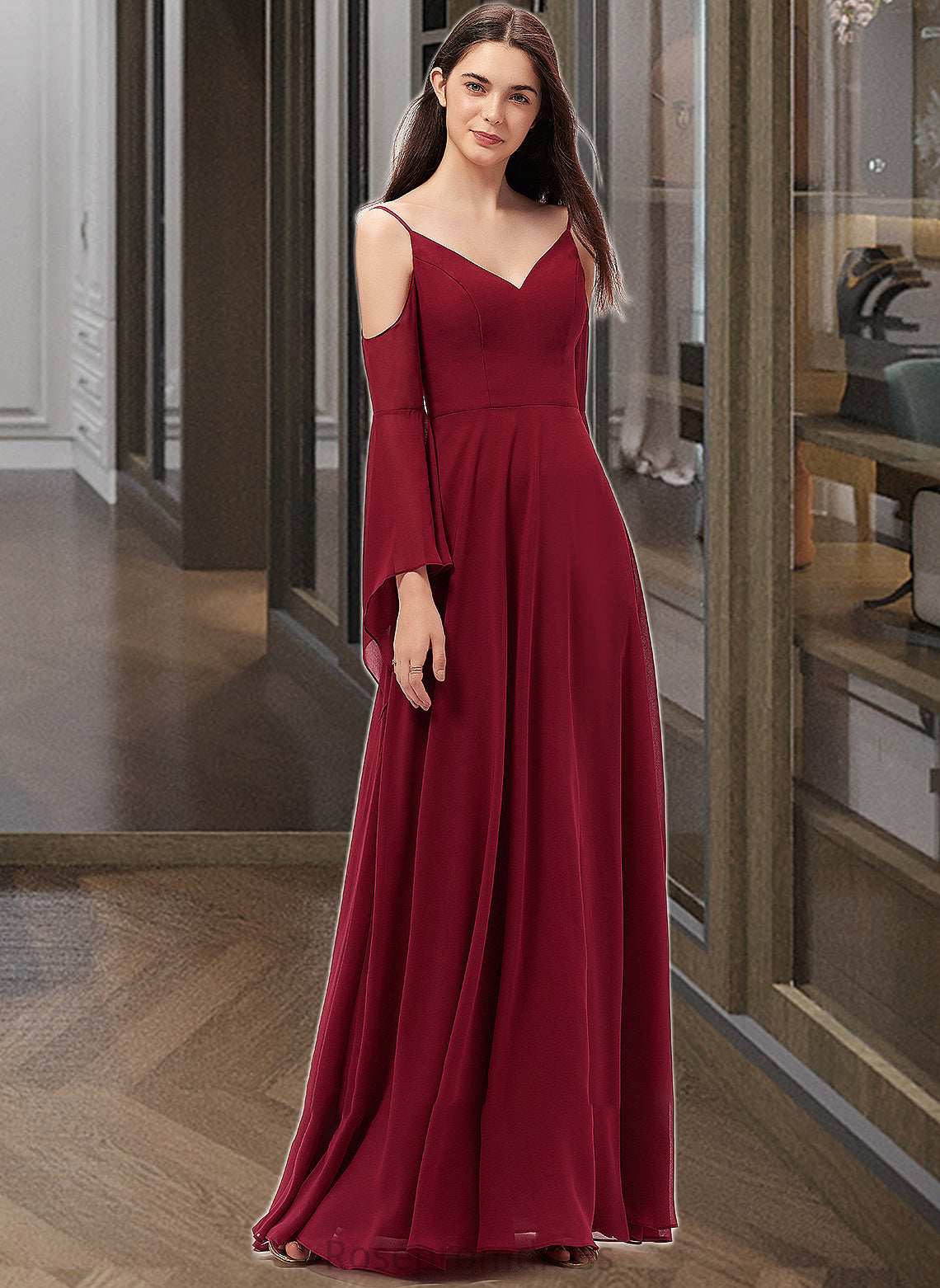 Haven A-line V-Neck Floor-Length Chiffon Bridesmaid Dress SRSP0013178