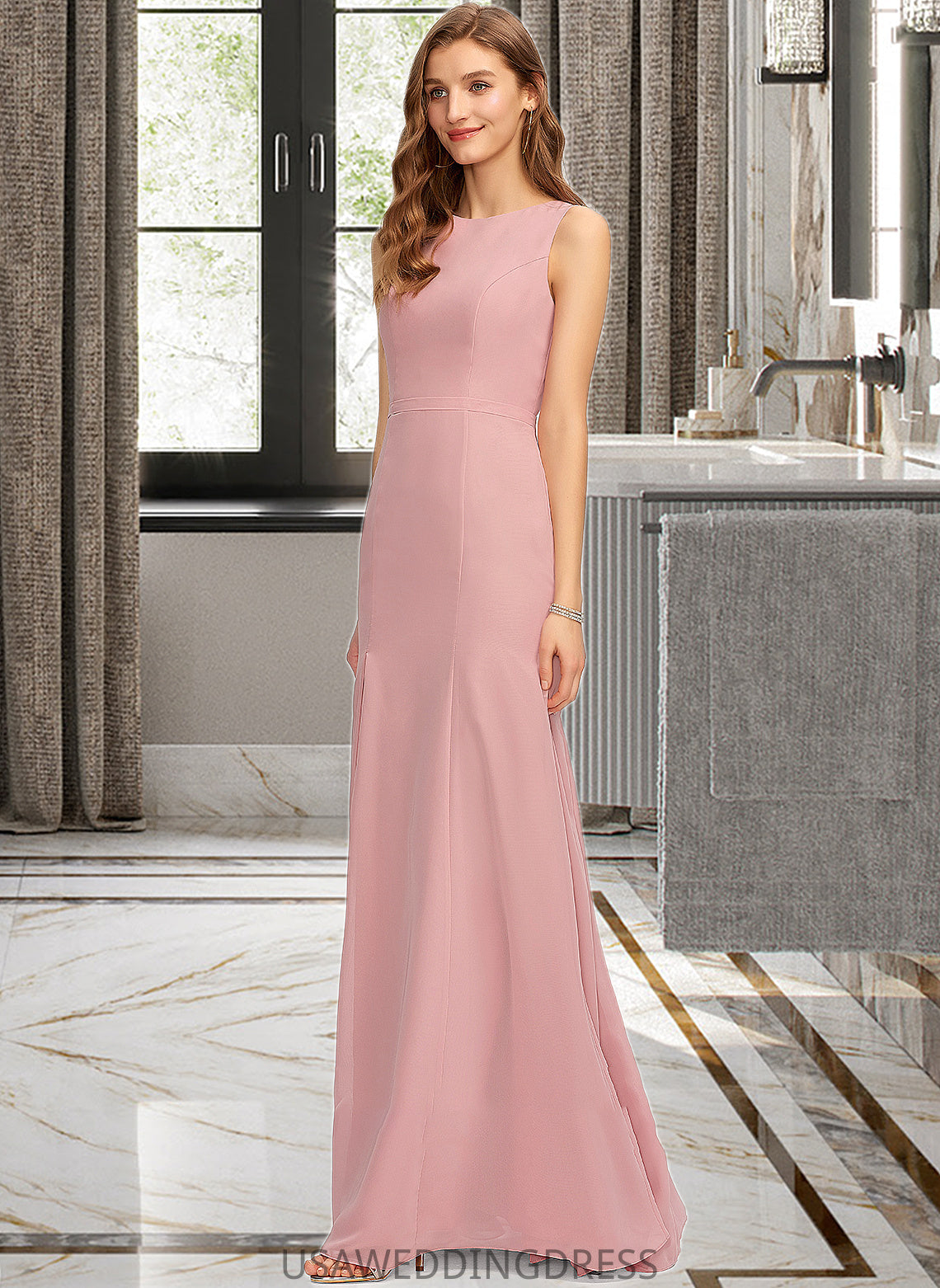 Lorna Sheath/Column Scoop Neck Floor-Length Chiffon Bridesmaid Dress With Split Front DSP0013179