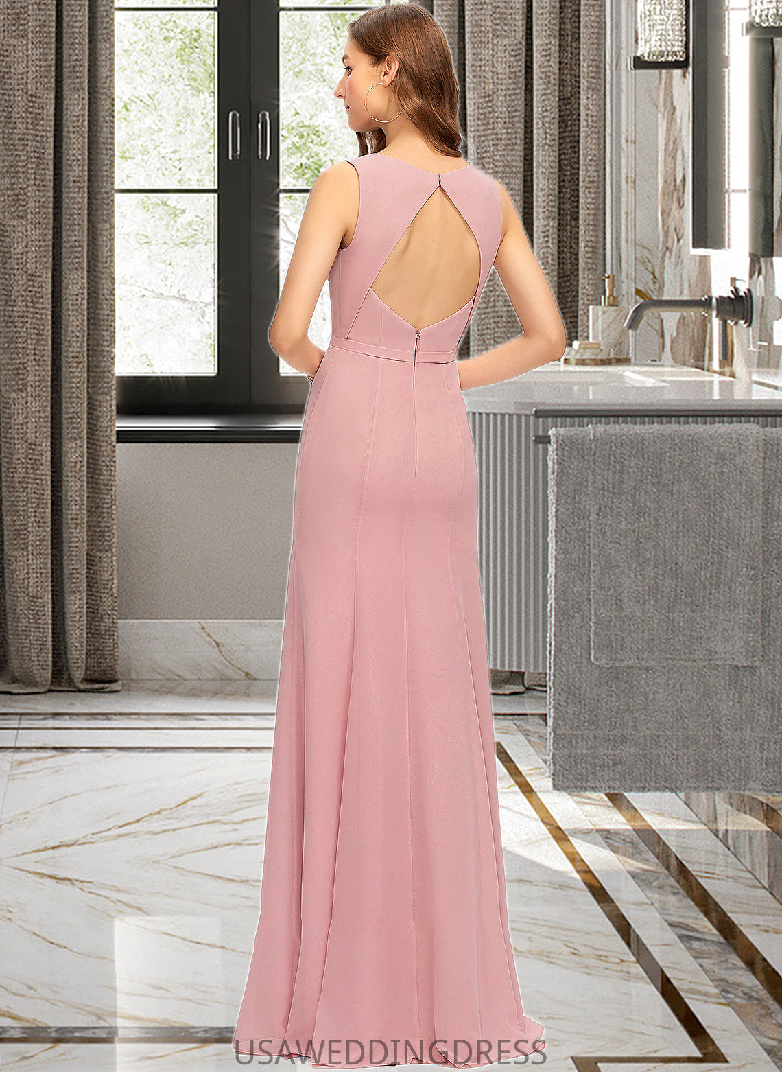 Lorna Sheath/Column Scoop Neck Floor-Length Chiffon Bridesmaid Dress With Split Front DSP0013179