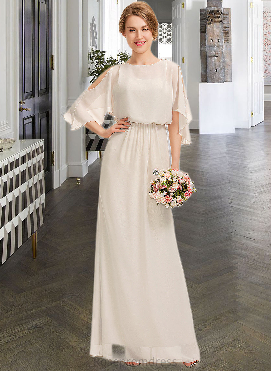 Macey Sheath/Column Scoop Neck Floor-Length Chiffon Bridesmaid Dress With Cascading Ruffles SRSP0013180