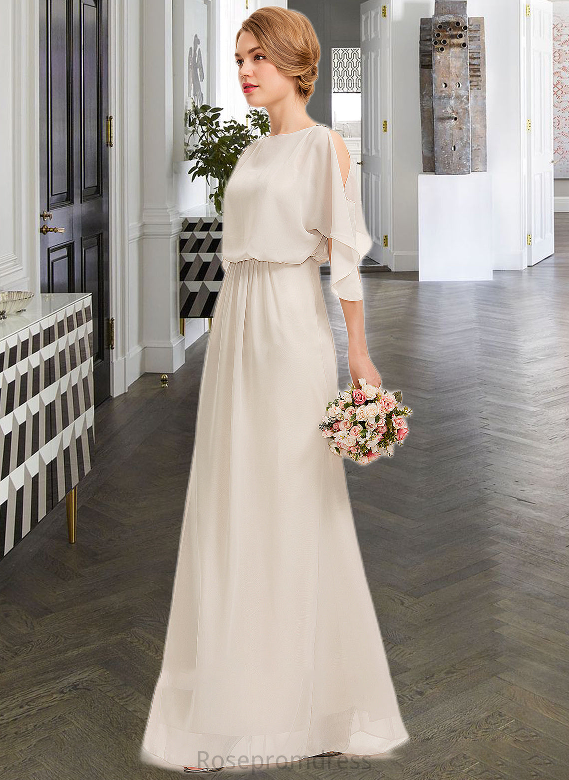 Macey Sheath/Column Scoop Neck Floor-Length Chiffon Bridesmaid Dress With Cascading Ruffles SRSP0013180