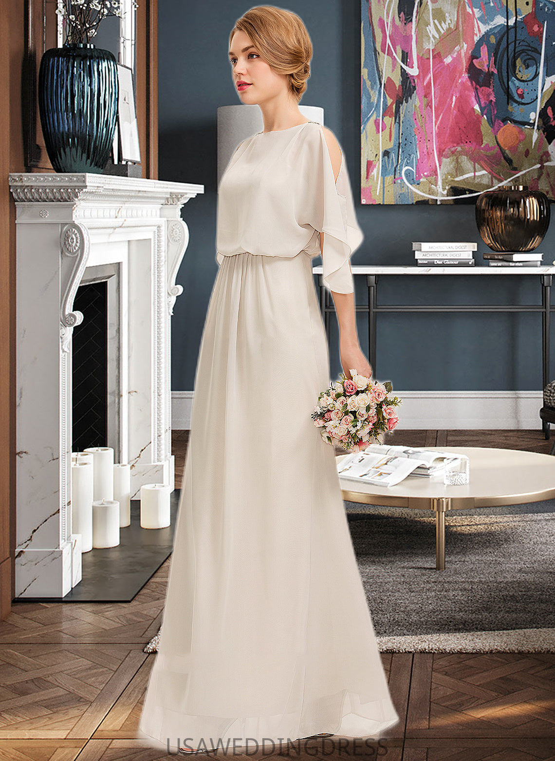 Kiara Sheath/Column Scoop Neck Floor-Length Chiffon Bridesmaid Dress With Cascading Ruffles DSP0013180