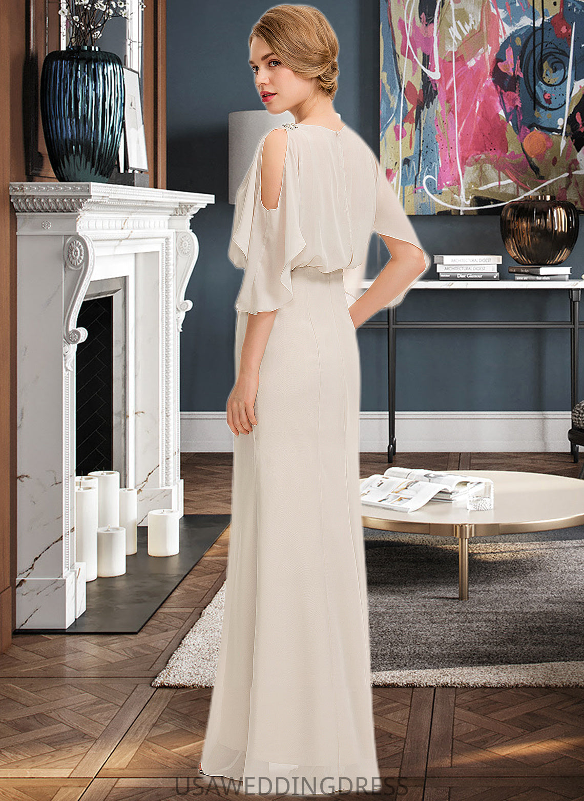 Kiara Sheath/Column Scoop Neck Floor-Length Chiffon Bridesmaid Dress With Cascading Ruffles DSP0013180