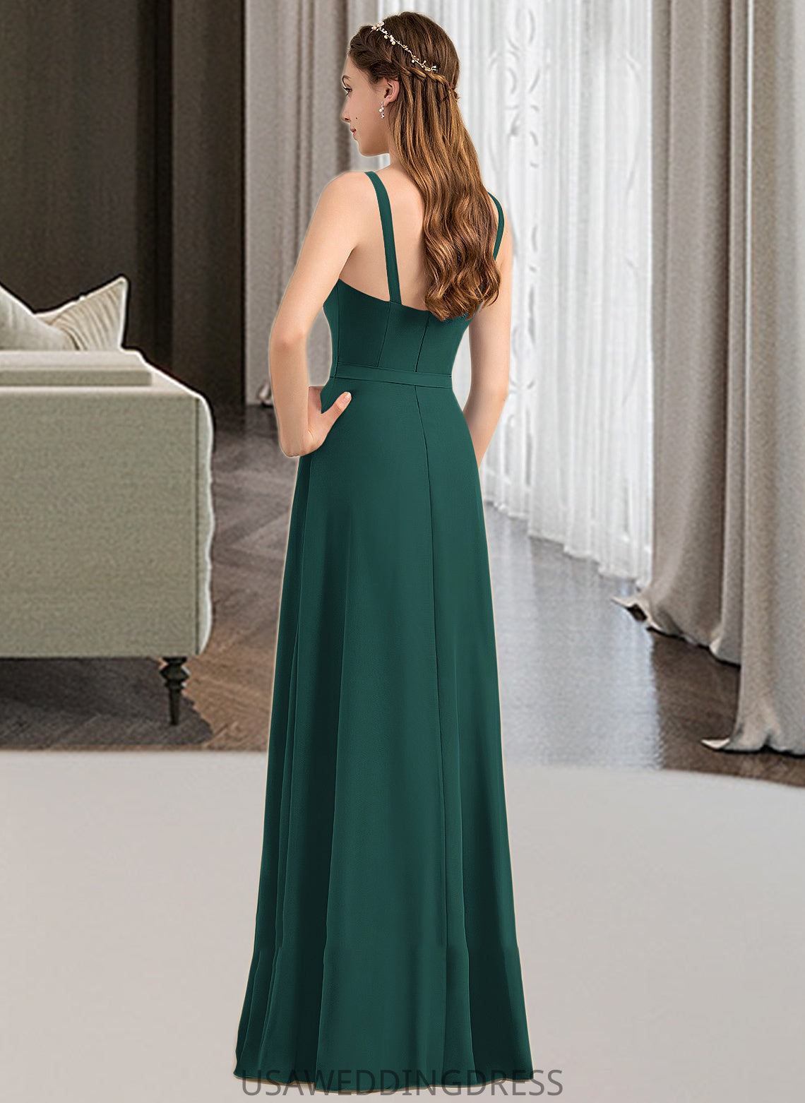 Lea A-Line V-neck Floor-Length Chiffon Bridesmaid Dress With Ruffle Bow(s) Split Front DSP0013181