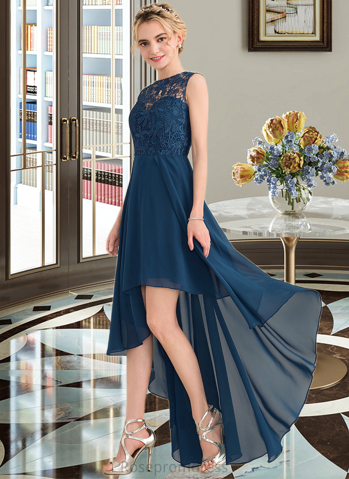 Belinda A-Line Scoop Neck Asymmetrical Chiffon Lace Bridesmaid Dress SRSP0013182
