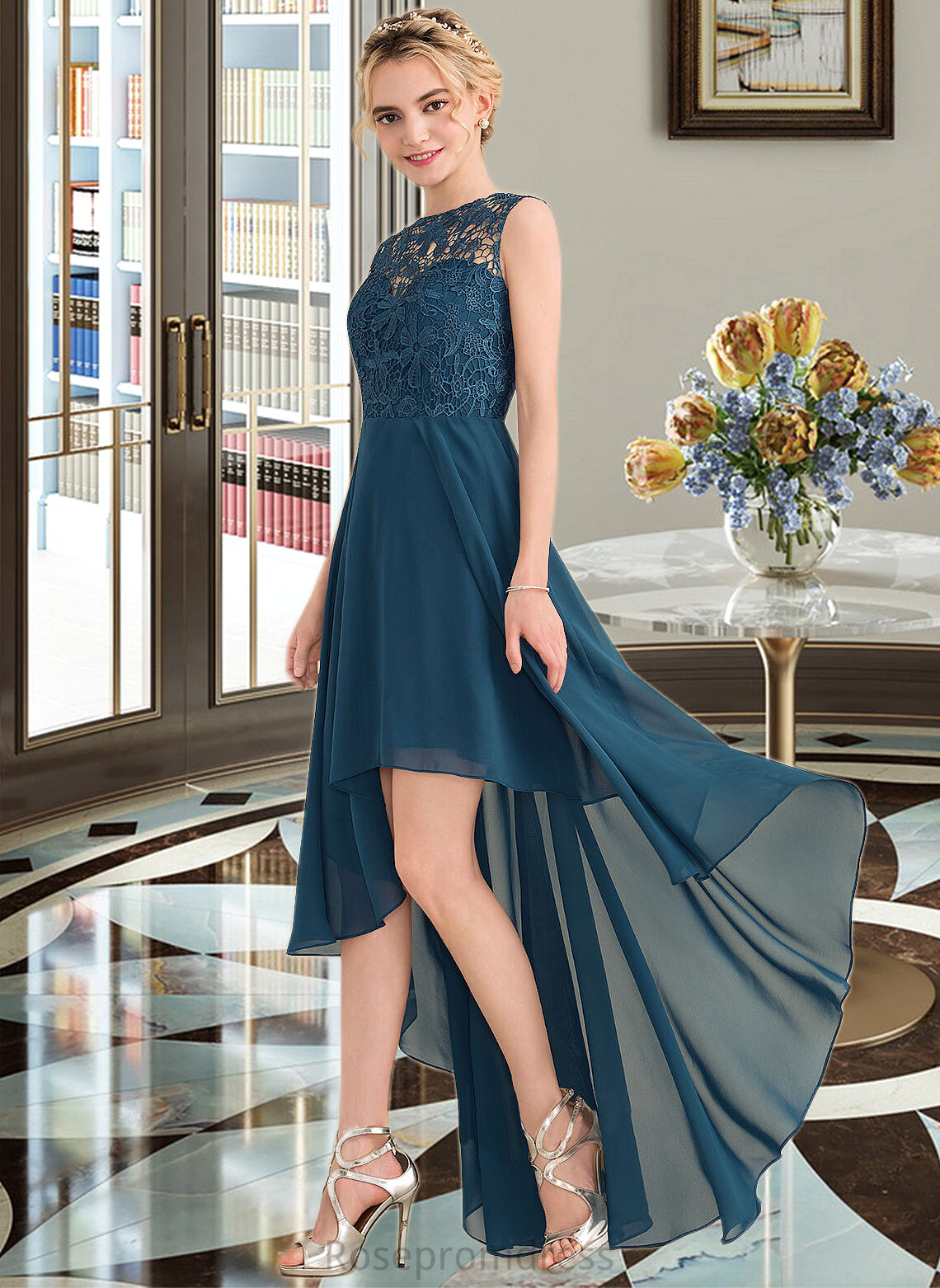 Belinda A-Line Scoop Neck Asymmetrical Chiffon Lace Bridesmaid Dress SRSP0013182