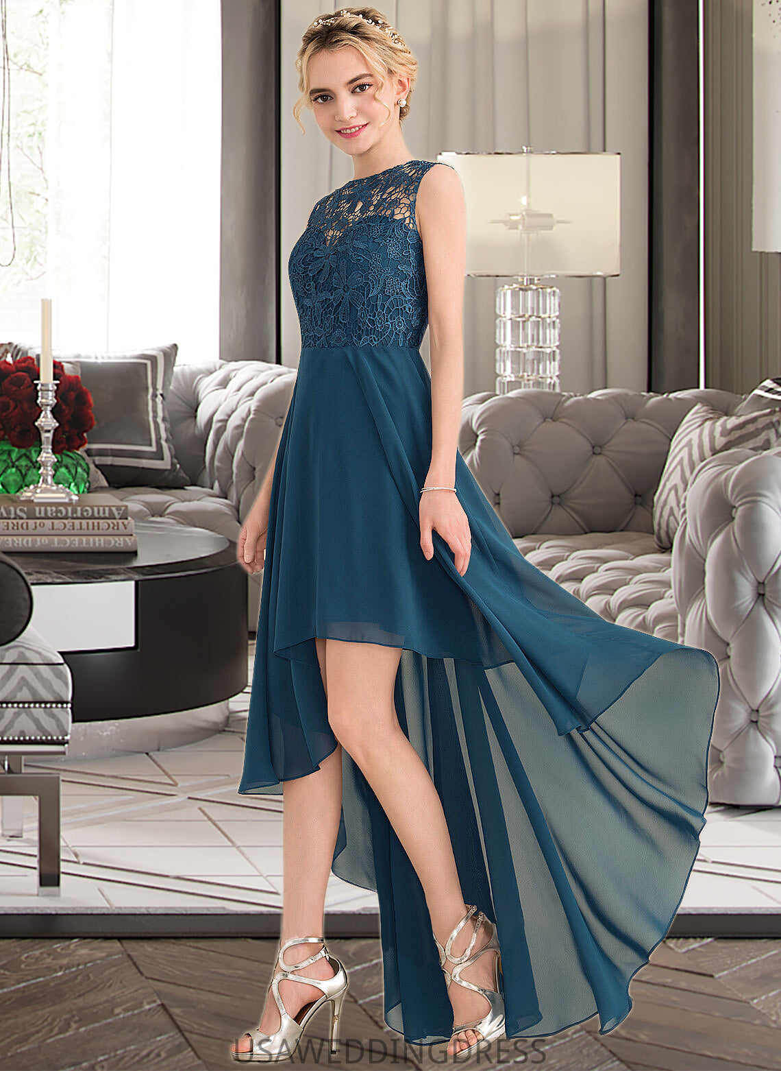 Paula A-Line Scoop Neck Asymmetrical Chiffon Lace Bridesmaid Dress DSP0013182