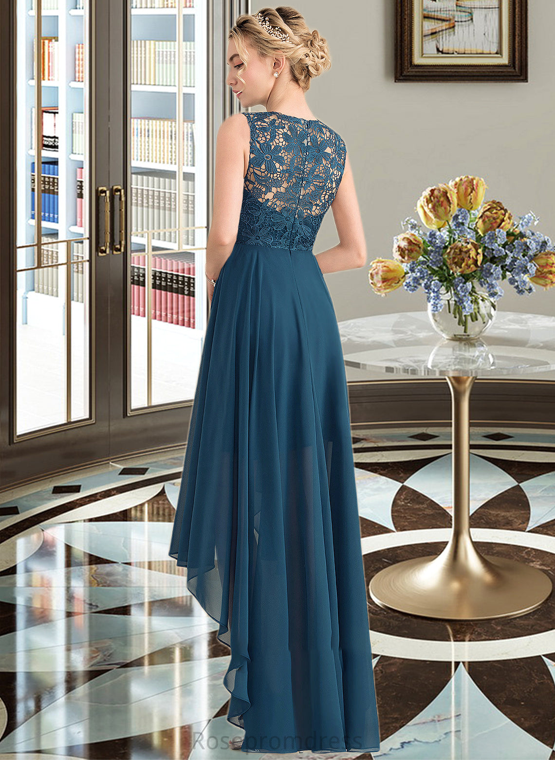Belinda A-Line Scoop Neck Asymmetrical Chiffon Lace Bridesmaid Dress SRSP0013182