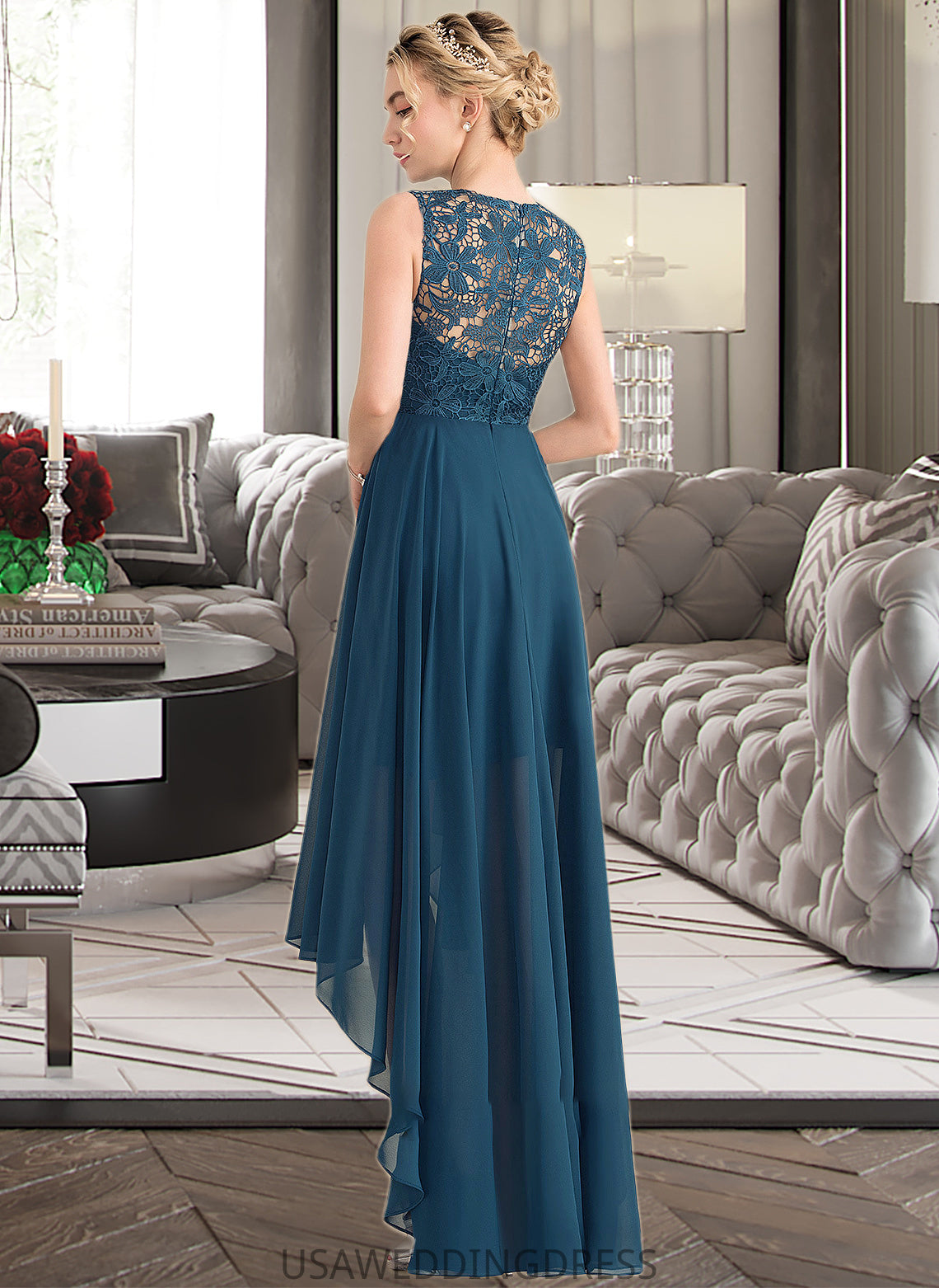 Paula A-Line Scoop Neck Asymmetrical Chiffon Lace Bridesmaid Dress DSP0013182