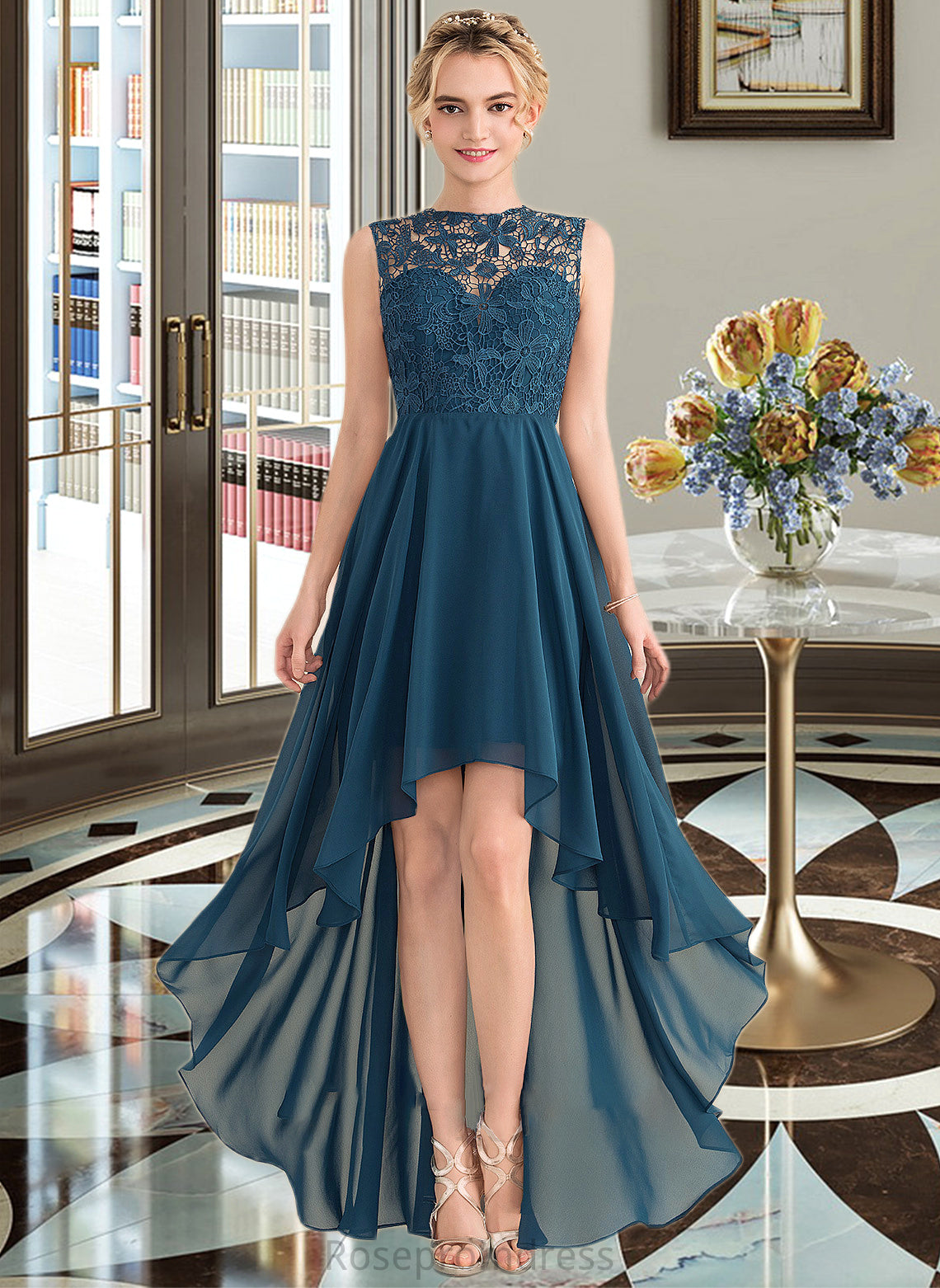 Belinda A-Line Scoop Neck Asymmetrical Chiffon Lace Bridesmaid Dress SRSP0013182