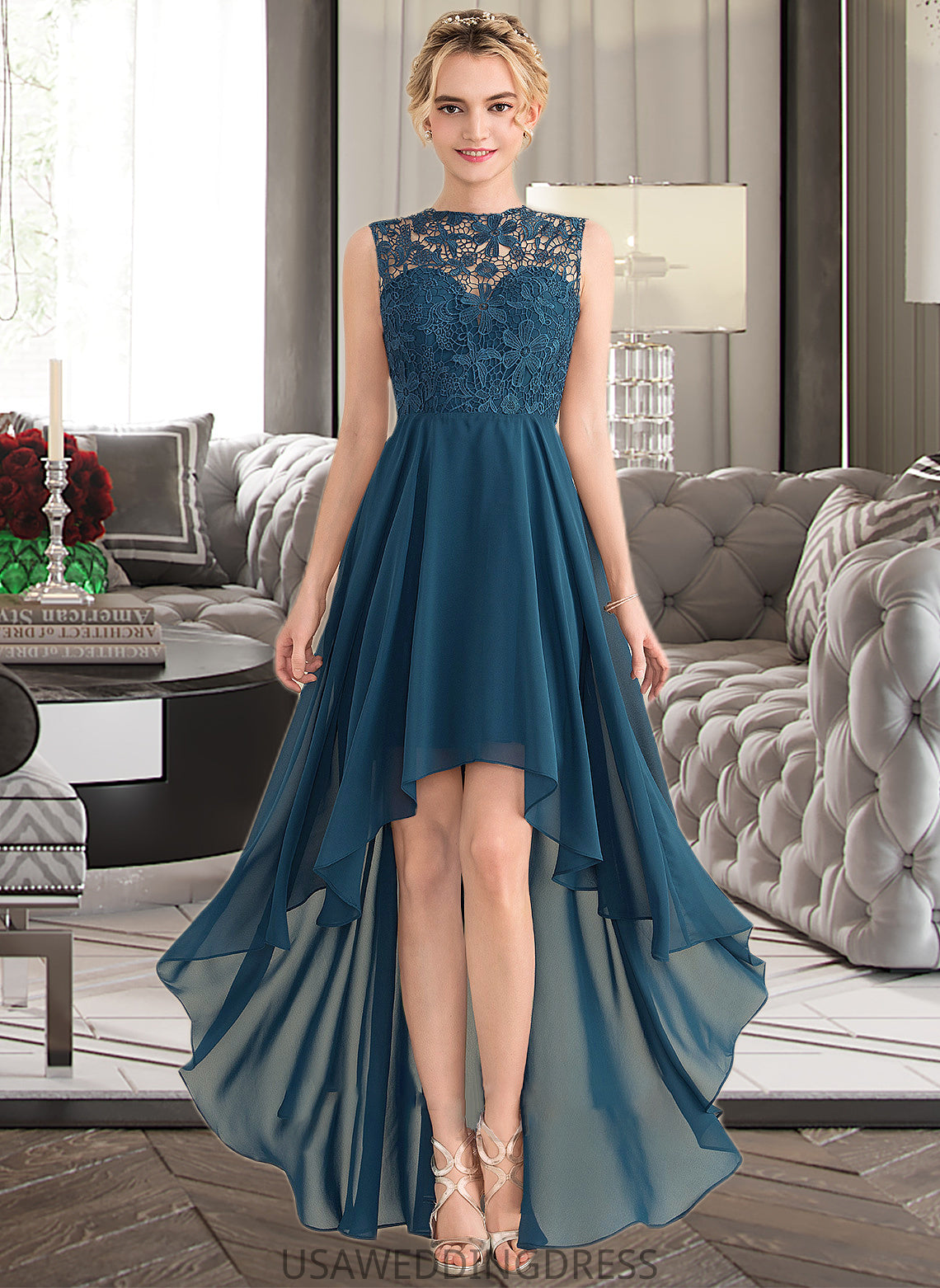 Paula A-Line Scoop Neck Asymmetrical Chiffon Lace Bridesmaid Dress DSP0013182