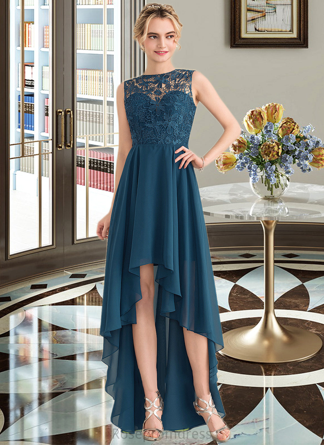 Belinda A-Line Scoop Neck Asymmetrical Chiffon Lace Bridesmaid Dress SRSP0013182