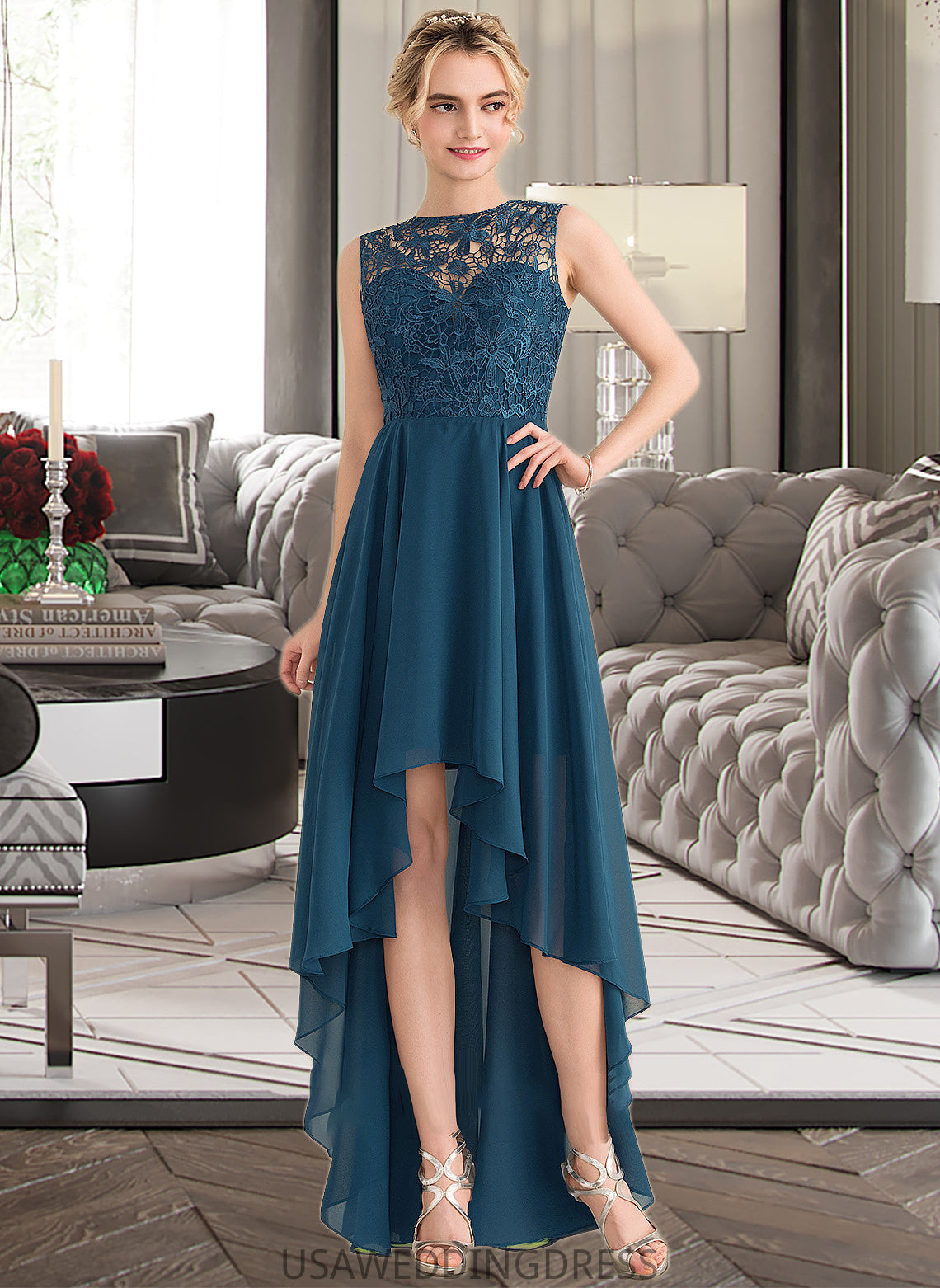 Paula A-Line Scoop Neck Asymmetrical Chiffon Lace Bridesmaid Dress DSP0013182