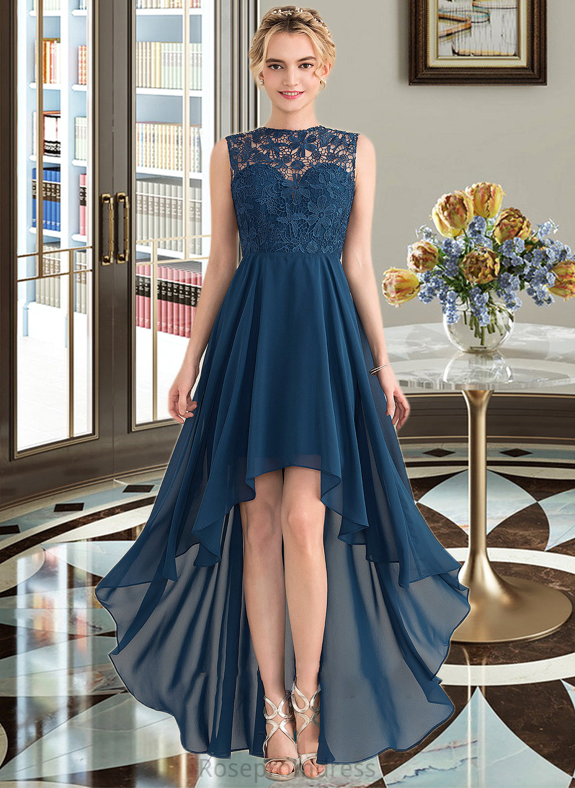Belinda A-Line Scoop Neck Asymmetrical Chiffon Lace Bridesmaid Dress SRSP0013182