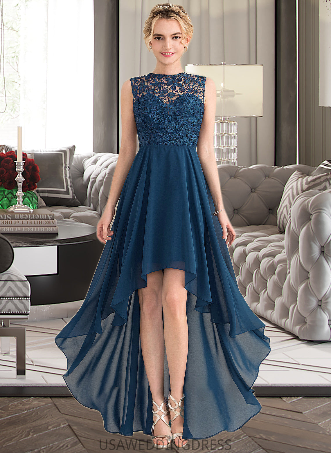 Paula A-Line Scoop Neck Asymmetrical Chiffon Lace Bridesmaid Dress DSP0013182