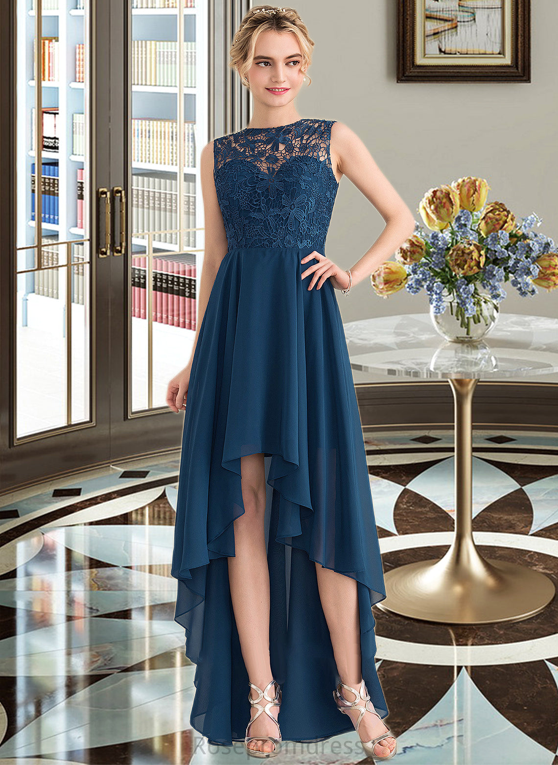 Belinda A-Line Scoop Neck Asymmetrical Chiffon Lace Bridesmaid Dress SRSP0013182