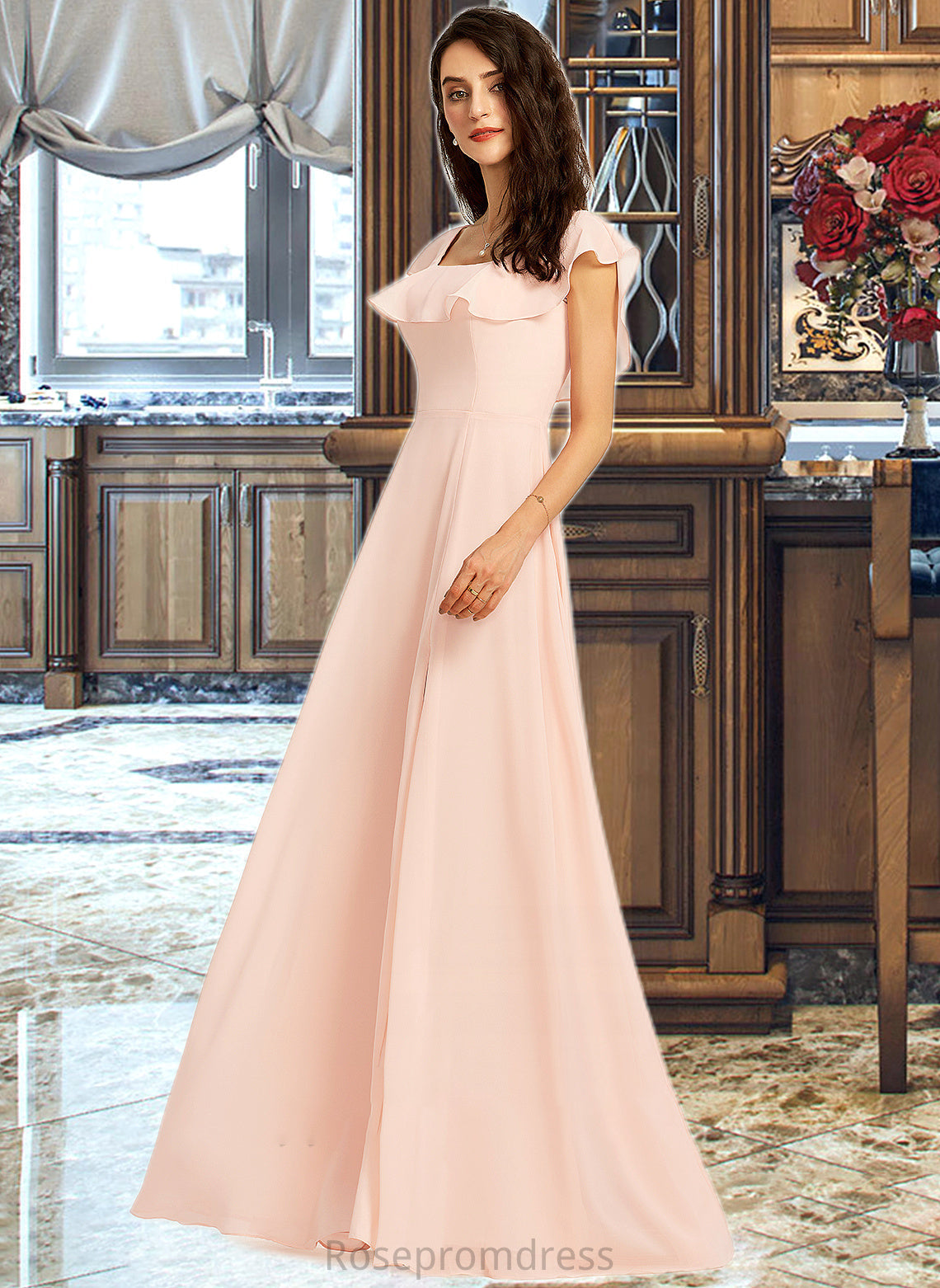 Kassandra A-Line Square Neckline Floor-Length Bridesmaid Dress With Split Front SRSP0013186