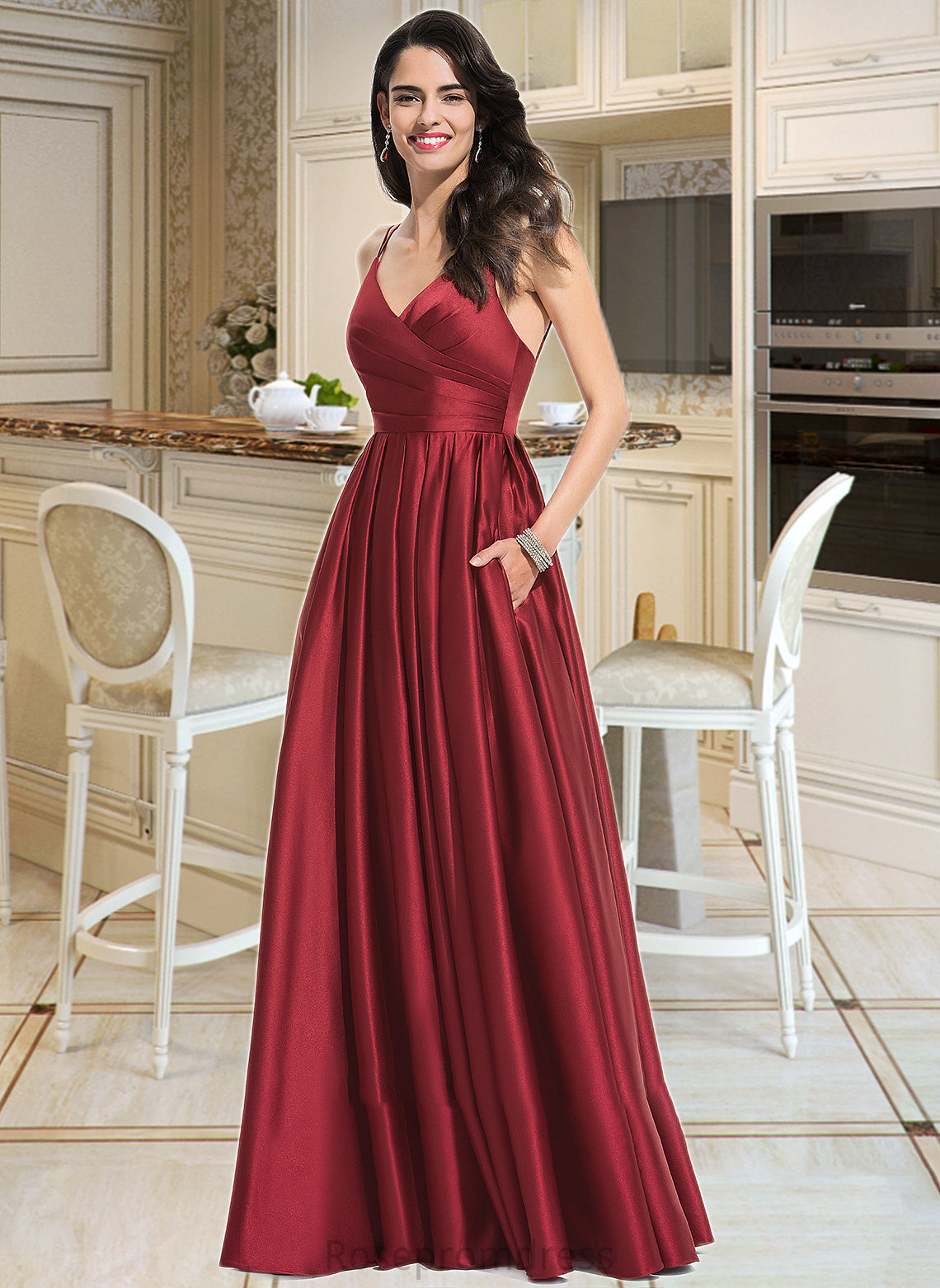 Judith A-Line V-neck Floor-Length Satin Bridesmaid Dress With Ruffle Pockets SRSP0013187