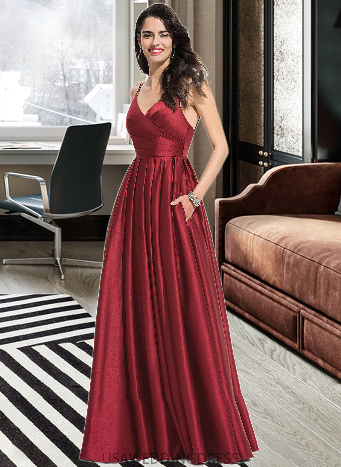 Abagail A-Line V-neck Floor-Length Satin Bridesmaid Dress With Ruffle Pockets DSP0013187
