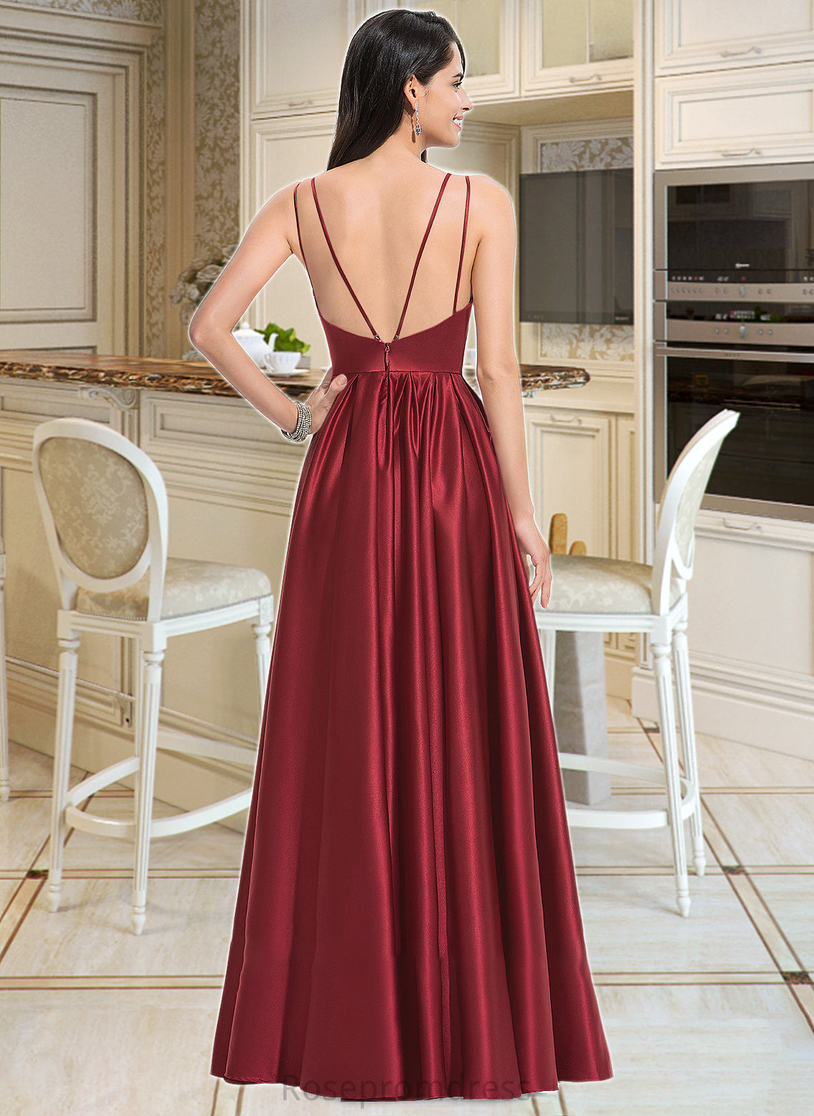Judith A-Line V-neck Floor-Length Satin Bridesmaid Dress With Ruffle Pockets SRSP0013187