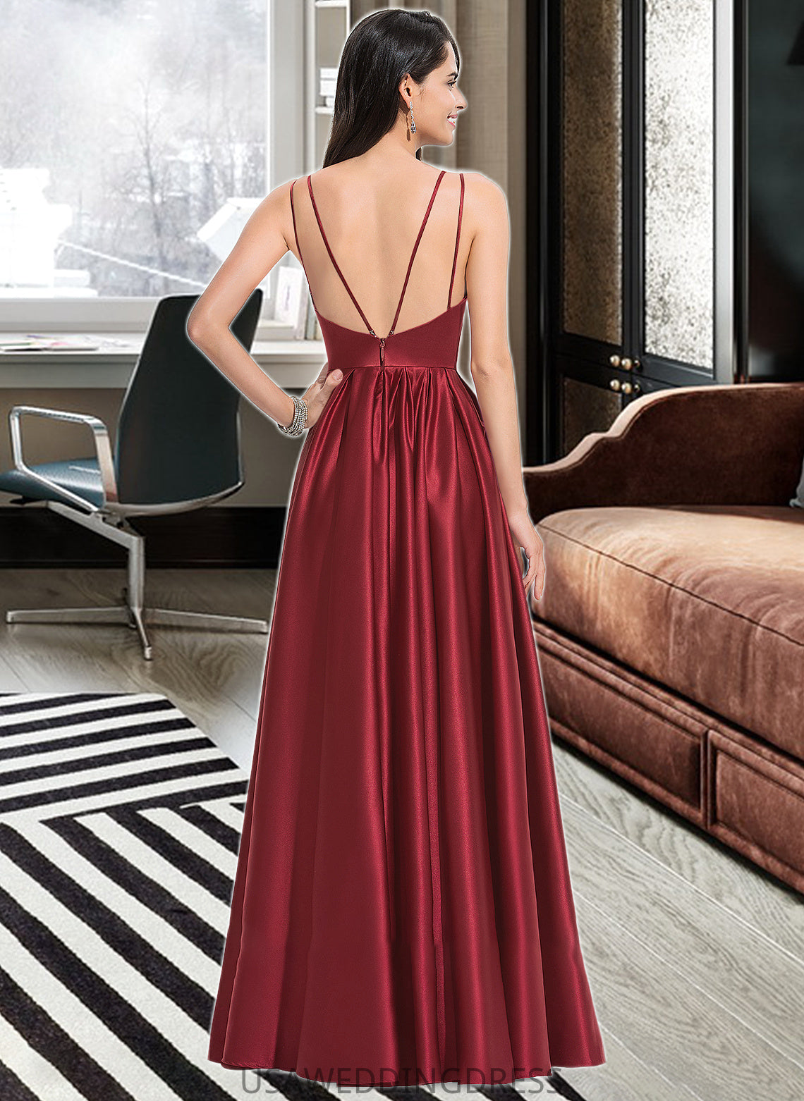 Abagail A-Line V-neck Floor-Length Satin Bridesmaid Dress With Ruffle Pockets DSP0013187