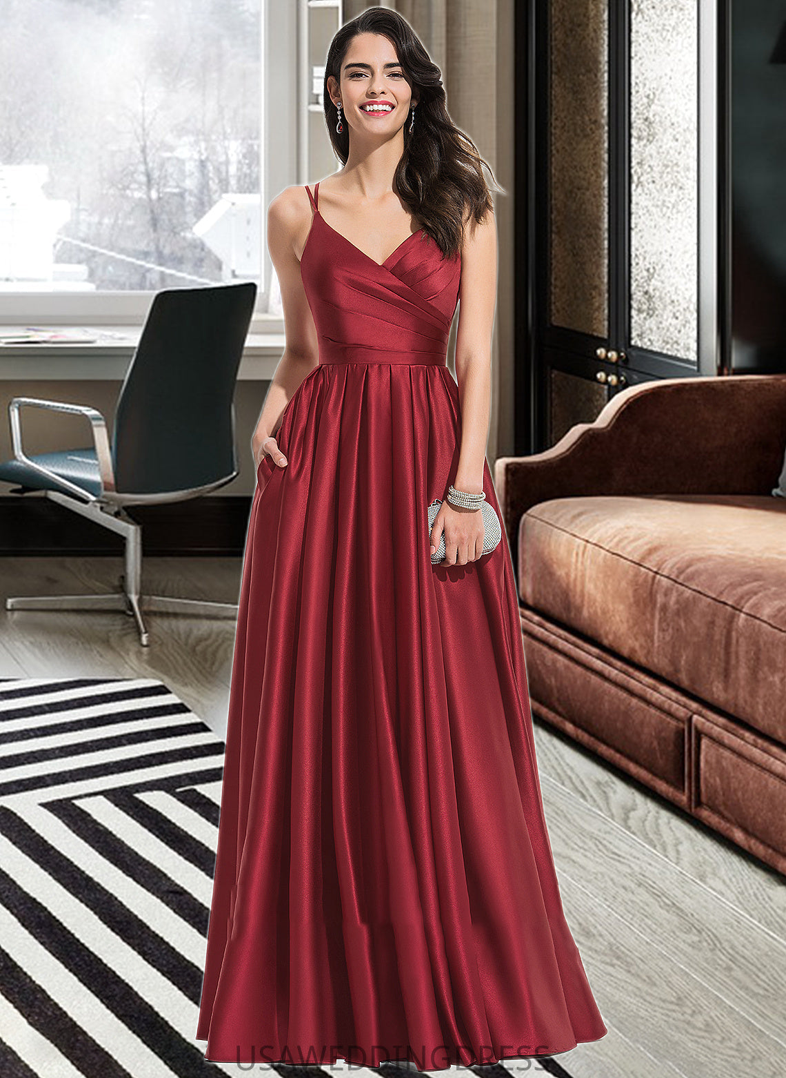 Abagail A-Line V-neck Floor-Length Satin Bridesmaid Dress With Ruffle Pockets DSP0013187